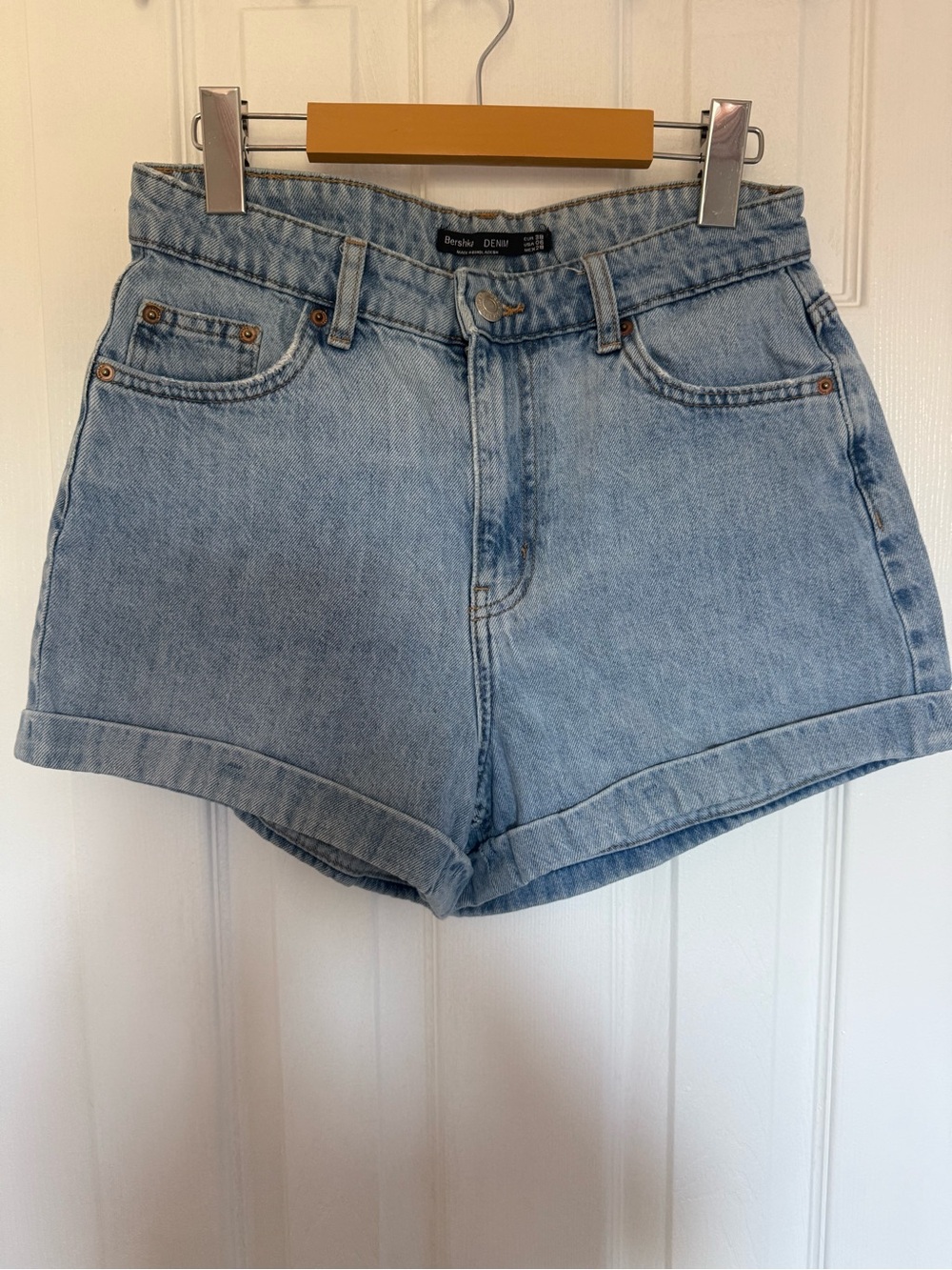 Bershka Light Wash High-Rise Rolled Hem Denim Shorts